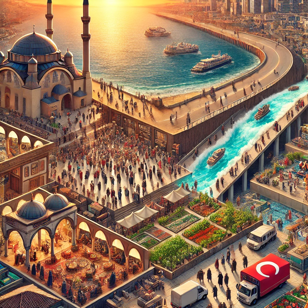 Dall·e 2024 12 31 09.46.18 A Realistic Illustration Showing A Bustling And Chaotic Scene Of Turkish Architecture And Culture A Mosque With A Crowded Courtyard And People Extend